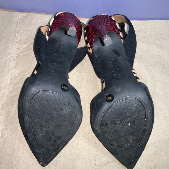Jessica Simpson ankle strap suede heels Sz 7 snakeskin heels animal print trim - Picture 6 of 8